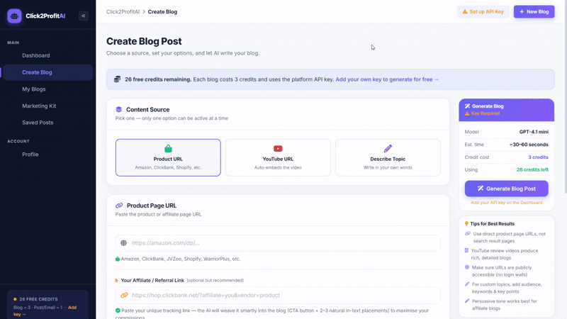 Enter link and generate content